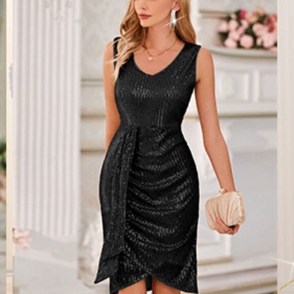 GRACE KARIN V Neck Sleeveless Sexy Ruched Wrap Party Club Cocktail Dresses sz L - Picture 6 of 16